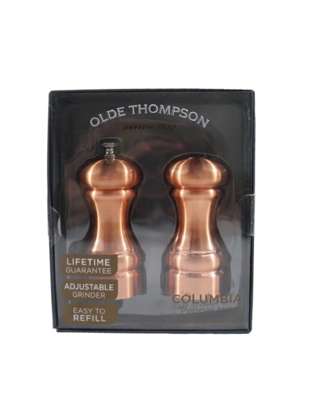 new COPPER-tone BOXED SET Olde Thompson "Colombia" Salt Shaker & Pepper Mill